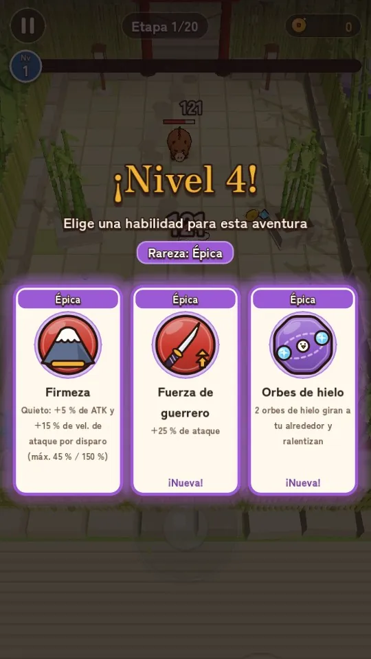 Captura de la subida de nivel: «¡Nivel 4!» con tres técnicas épicas para elegir: Firmeza, Fuerza de guerrero y Orbes de hielo.